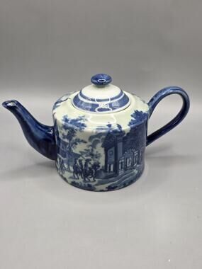 Vintage Victoria Ware Ironstone Flow Blue Teapot English Village Transferware